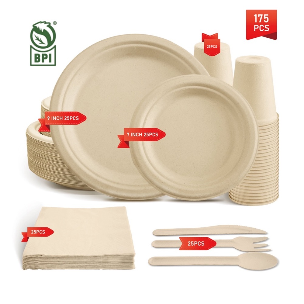 100% Compostable Paper Plates, 175 PCS ECO-Friendly Plates with Utensils Set